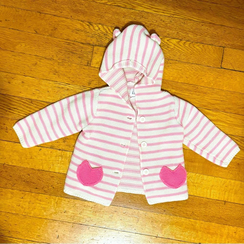 GAP Baby Pink White Hooded Knit Cardigan Heart Bear Ears Girls 6–12 Months